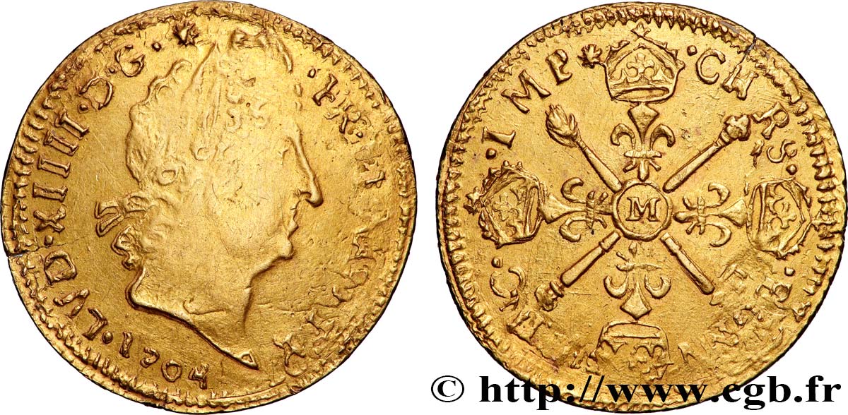 LOUIS XIV LE GRAND OU LE ROI SOLEIL Louis d or aux insignes, fausse réformation 1704 Toulouse TB+/TTB
