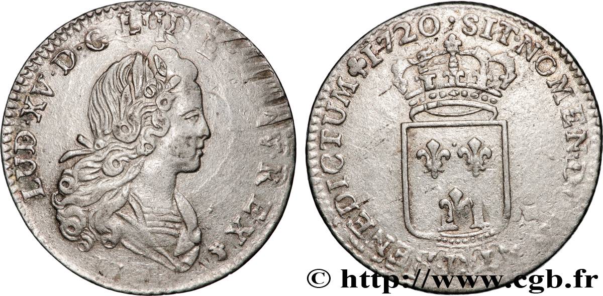 LOUIS XV  THE WELL-BELOVED  Tiers d écu de France au portrait du petit Louis 1720 Lyon q.BB