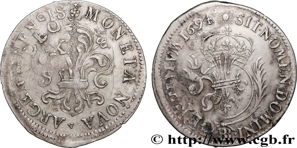 LOUIS XIV LE GRAND OU LE ROI SOLEIL 35 sols aux palmes 1694 Strasbourg TTB