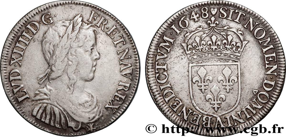 LOUIS XIV LE GRAND OU LE ROI SOLEIL Demi-écu, portrait à la mèche longue 1648 Paris TTB/TTB+