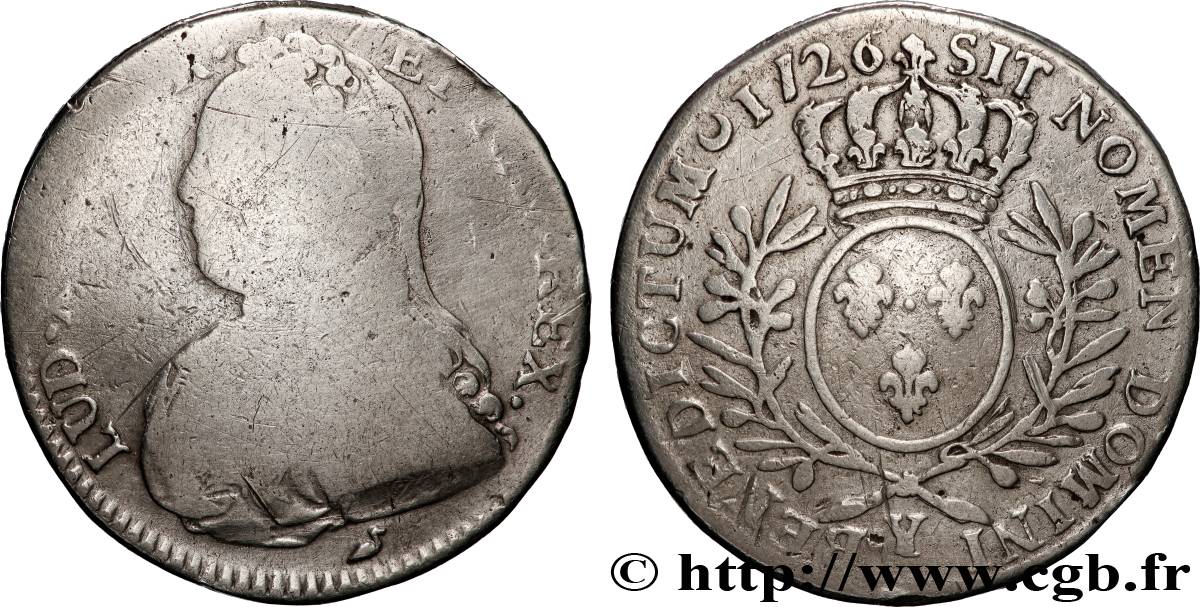 LOUIS XV  THE WELL-BELOVED  Demi-écu aux branches d olivier, buste habillé 1726 Bourges F/VF