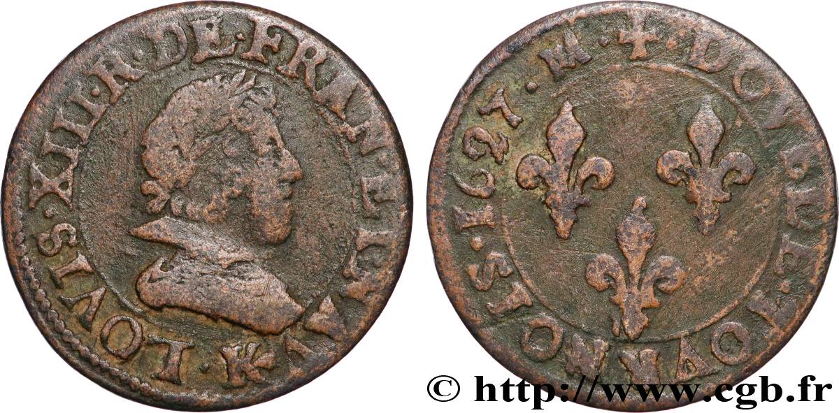 LOUIS XIII  Double tournois, type 7 1627 Bordeaux q.BB