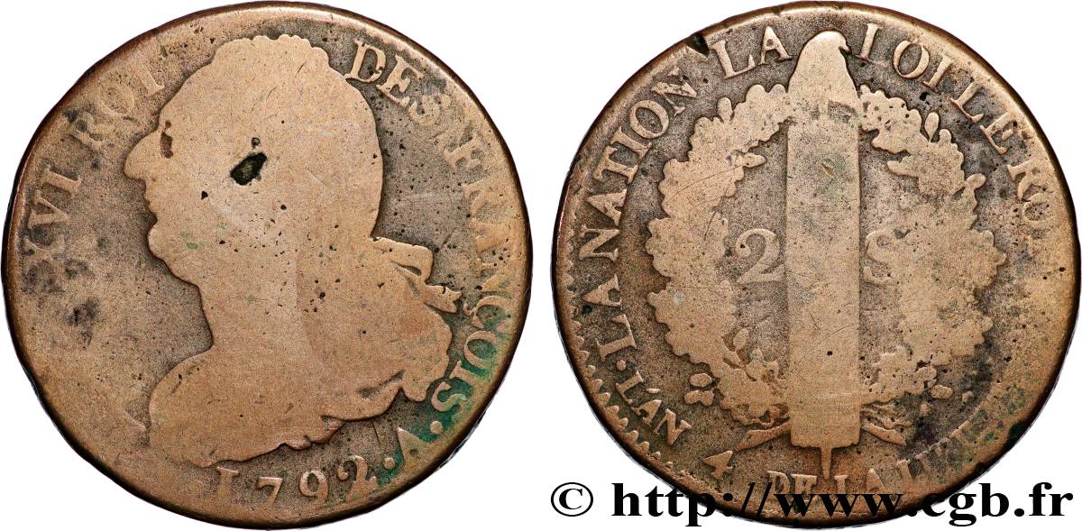 LOUIS XVI 2 sols dit  au faisceau , type FRANÇOIS 1792 Paris q.MB/MB