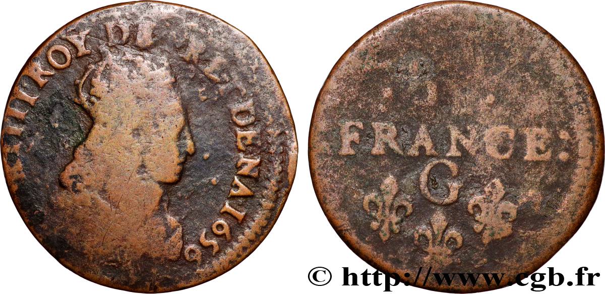 LOUIS XIV  THE SUN KING  Liard de cuivre, 2e type 1656 Lusignan MB