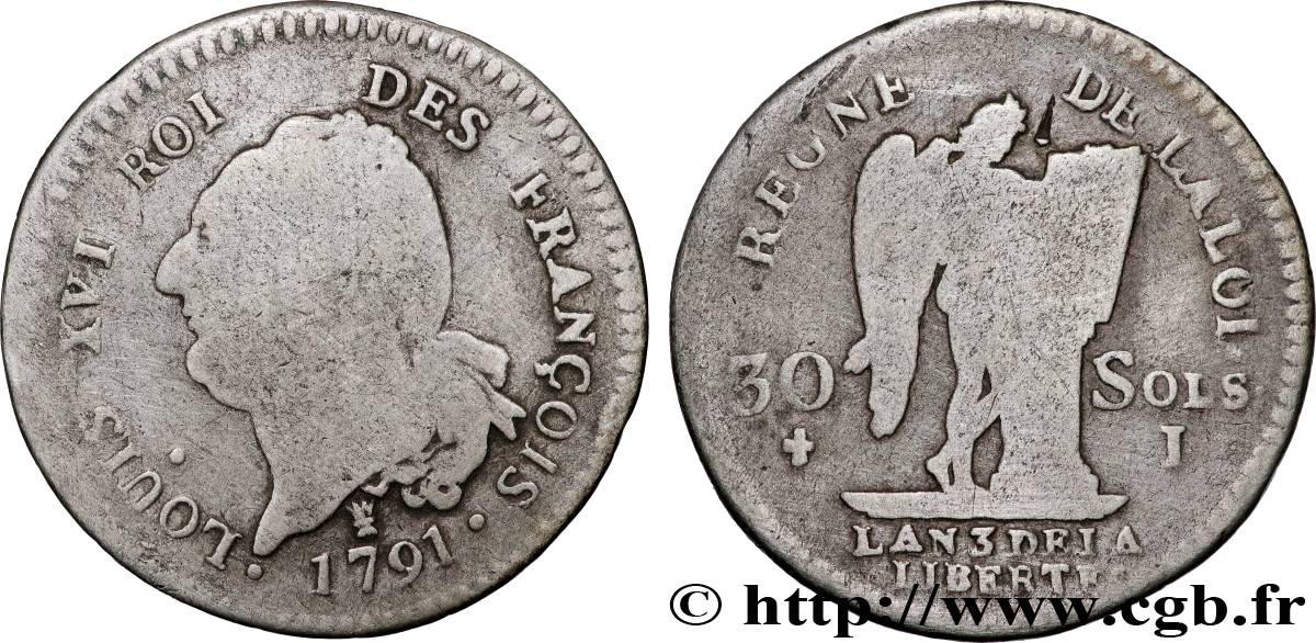 LOUIS XVI 30 sols dit  au génie , type FRANÇOIS 1791 Limoges VF