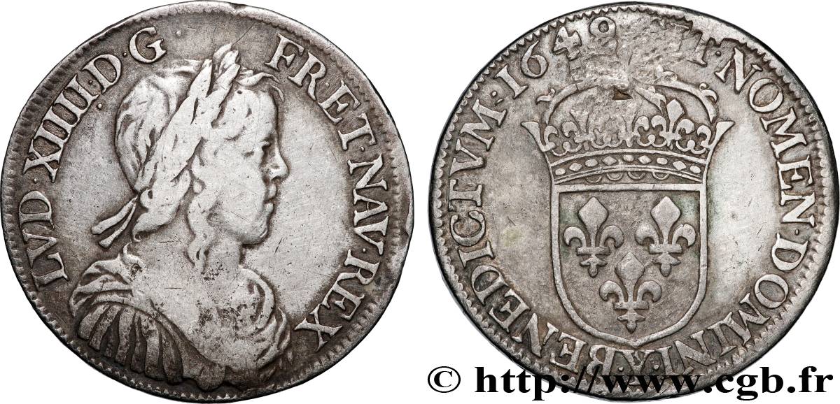 LOUIS XIV LE GRAND OU LE ROI SOLEIL Demi-écu, portrait à la mèche longue 1649 Bourges TB+