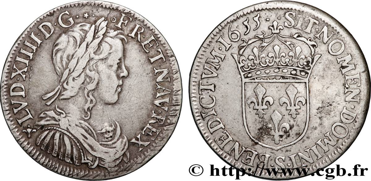 LOUIS XIV LE GRAND OU LE ROI SOLEIL Demi-écu, portrait à la mèche longue 1655 Troyes TTB