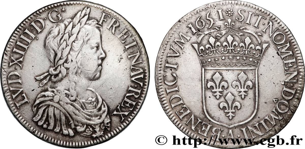 LOUIS XIV LE GRAND OU LE ROI SOLEIL Écu, portrait à la mèche longue 1651 Paris TTB/TTB+