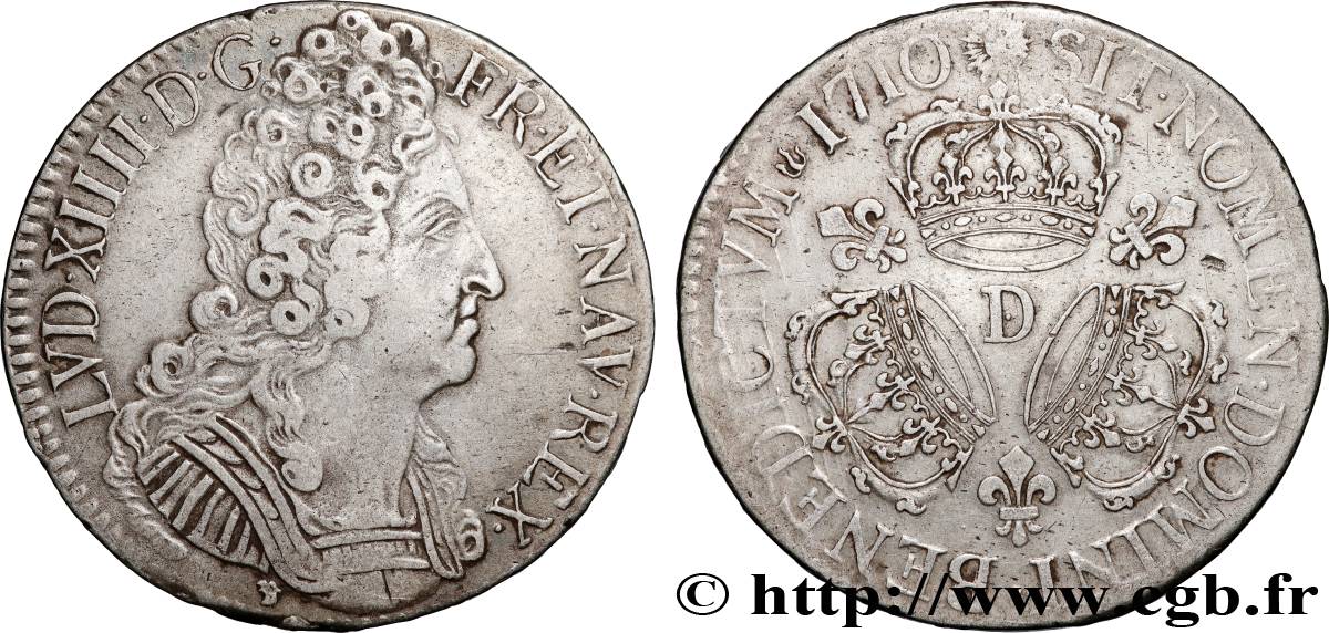 LOUIS XIV LE GRAND OU LE ROI SOLEIL Écu aux trois couronnes 1710 Lyon TTB/TTB+