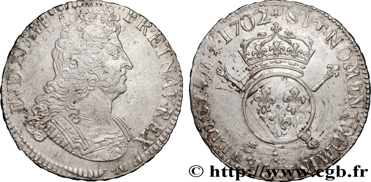 LOUIS XIV LE GRAND OU LE ROI SOLEIL Écu aux insignes 1702 Caen TTB+