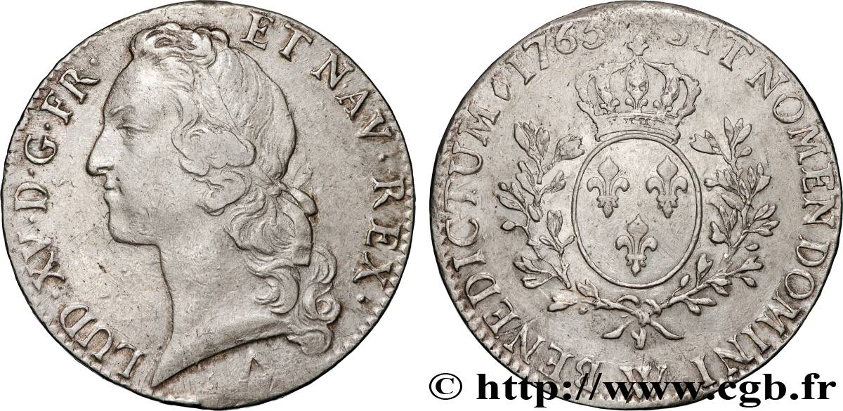LOUIS XV DIT LE BIEN AIMÉ Écu aux branches d’olivier, tête ceinte d’un bandeau 1765 Lille TB+/TTB
