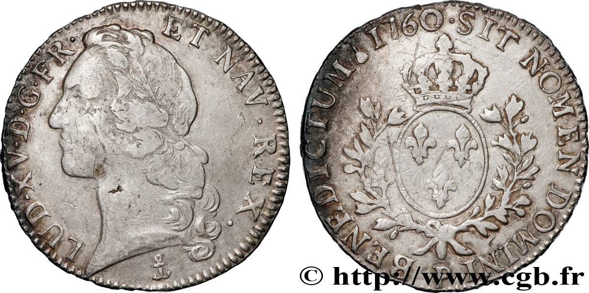 LOUIS XV DIT LE BIEN AIMÉ Écu aux branches d’olivier, tête ceinte d’un bandeau 1760 Dijon TB+