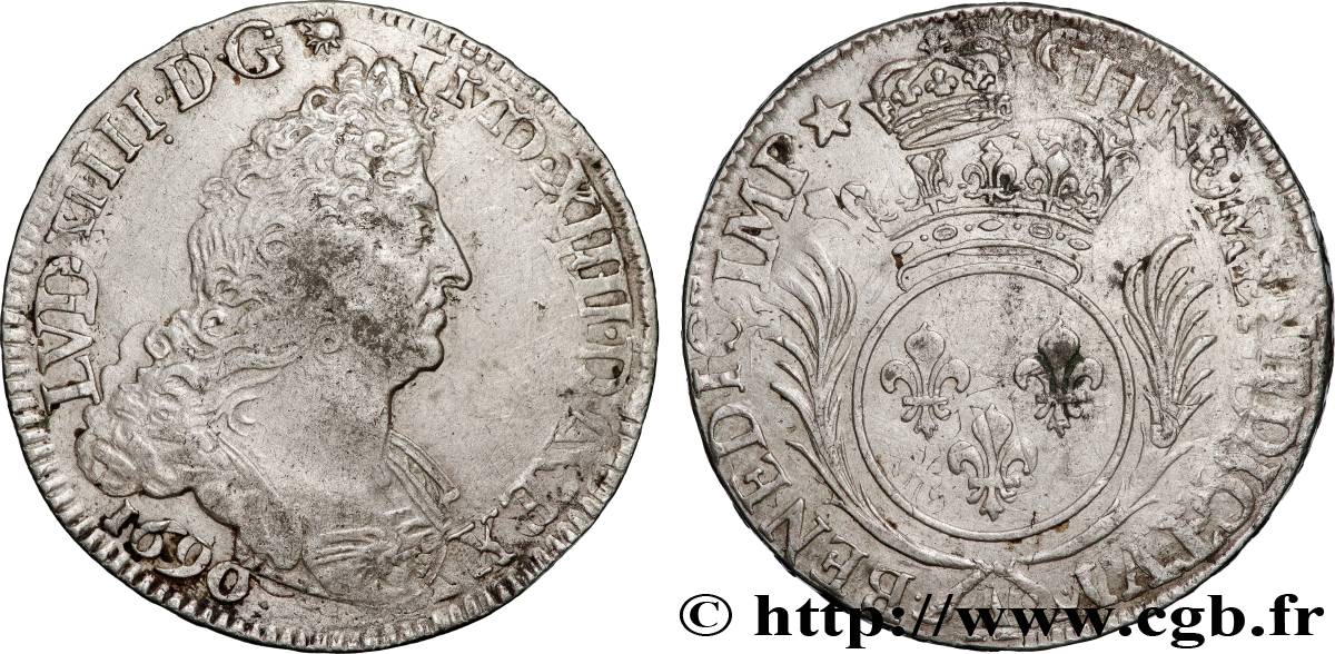 LOUIS XIV  THE SUN KING  Demi-écu aux palmes n.d. Paris XF