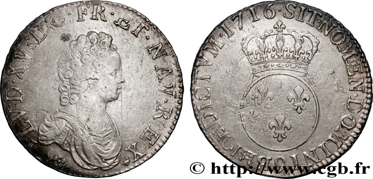 LOUIS XV DIT LE BIEN AIMÉ Écu vertugadin 1716 Rennes TB+/TTB