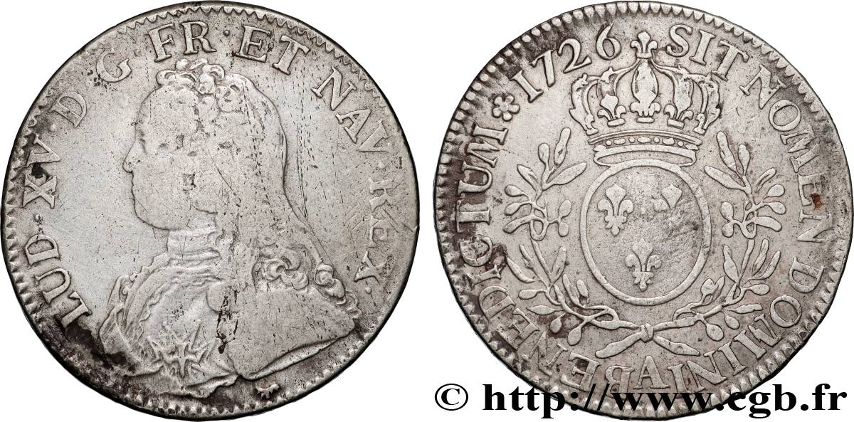 LOUIS XV DIT LE BIEN AIMÉ Écu aux branches d olivier, buste habillé 1726 Paris TB+/TTB