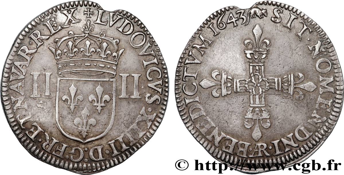 LOUIS XIV  THE SUN KING  Quart d écu, titulature côté écu 1643 Arras AU