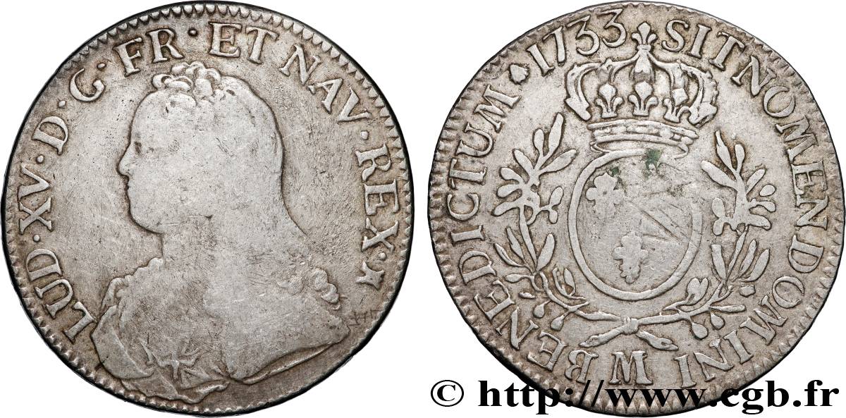 LOUIS XV  THE WELL-BELOVED  Écu aux branches d olivier, buste habillé 1733 Toulouse MB/q.BB