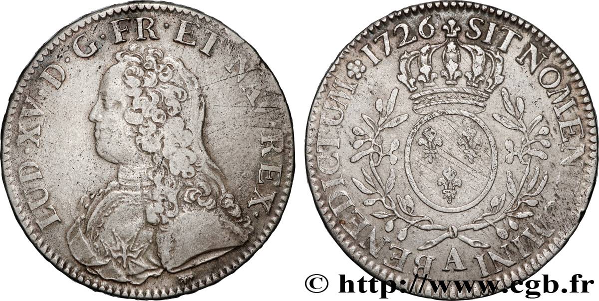 LOUIS XV DIT LE BIEN AIMÉ Écu aux branches d olivier, buste habillé 1726 Paris TTB