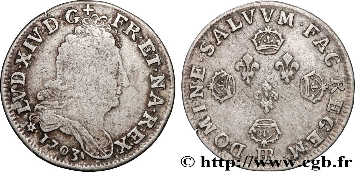 LOUIS XIV  THE SUN KING  Dix sols aux quatre couronnes 1703 Strasbourg VF/XF
