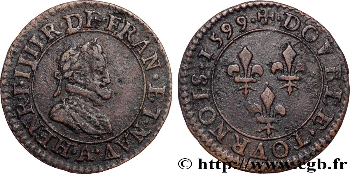 HENRY IV Double tournois, 2e type de Paris (légende française) 1599 Paris, Moulin des Étuves XF