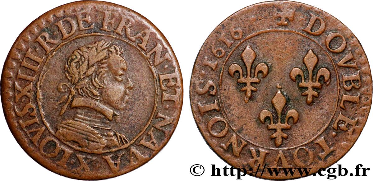 LOUIS XIII Double tournois, buste enfantin d Amiens, (3e portrait) 1616 Amiens AU