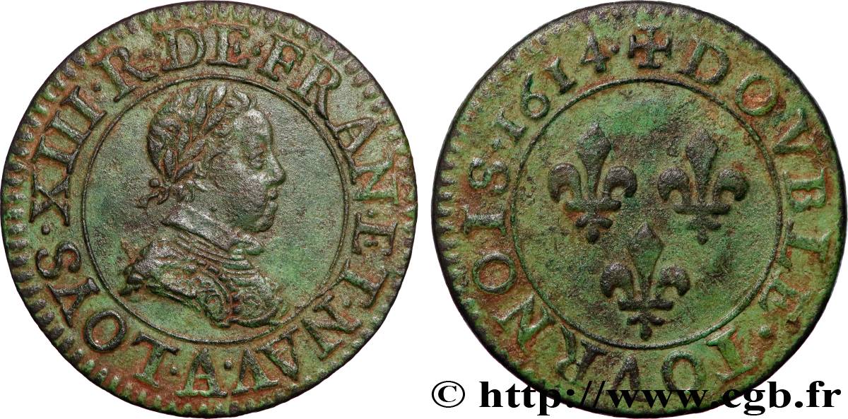 LOUIS XIII Double tournois, type 1 1614 Paris, Moulin du Louvre AU