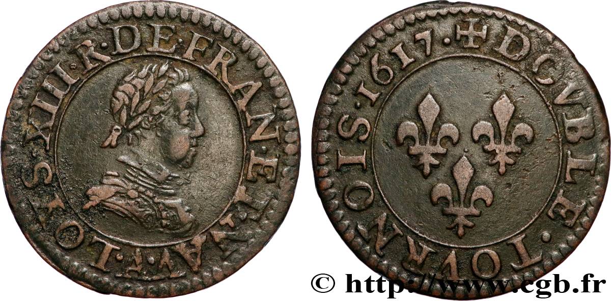 LOUIS XIII Double tournois, type 1 1617 Paris, Moulin du Louvre XF/AU