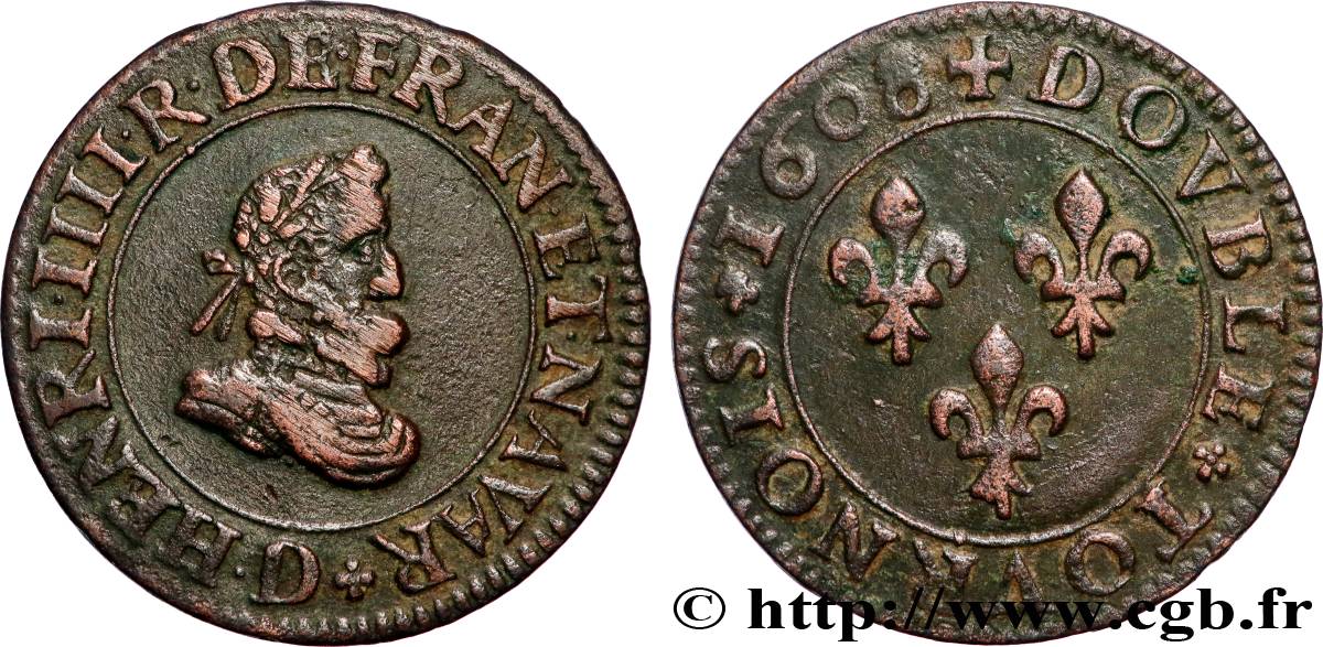 HENRY IV Double tournois, 1er type 1608 Lyon XF/AU