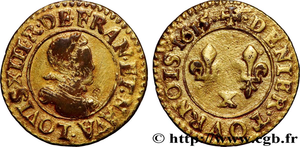 LOUIS XIII Denier tournois, petit buste adolescent au col plat d’Amiens 1615 Amiens VF