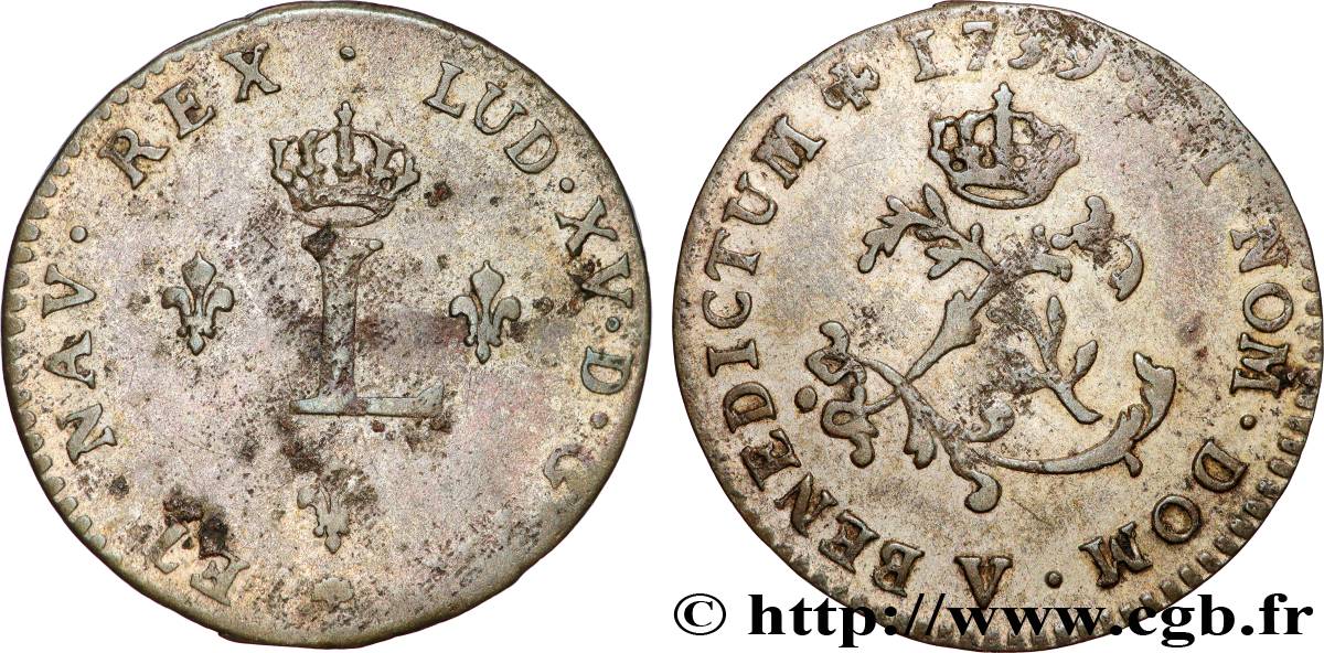 LOUIS XV THE BELOVED Double sol de billon 1739 Troyes XF