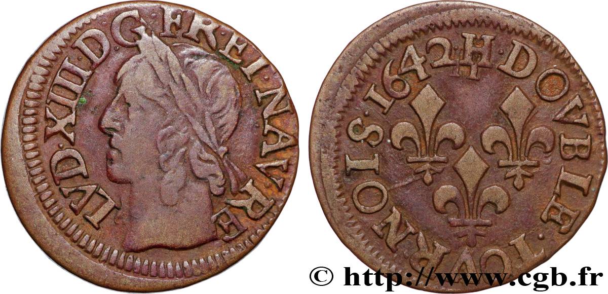 LOUIS XIII Double tournois, type de Warin 1642 La Rochelle XF/AU