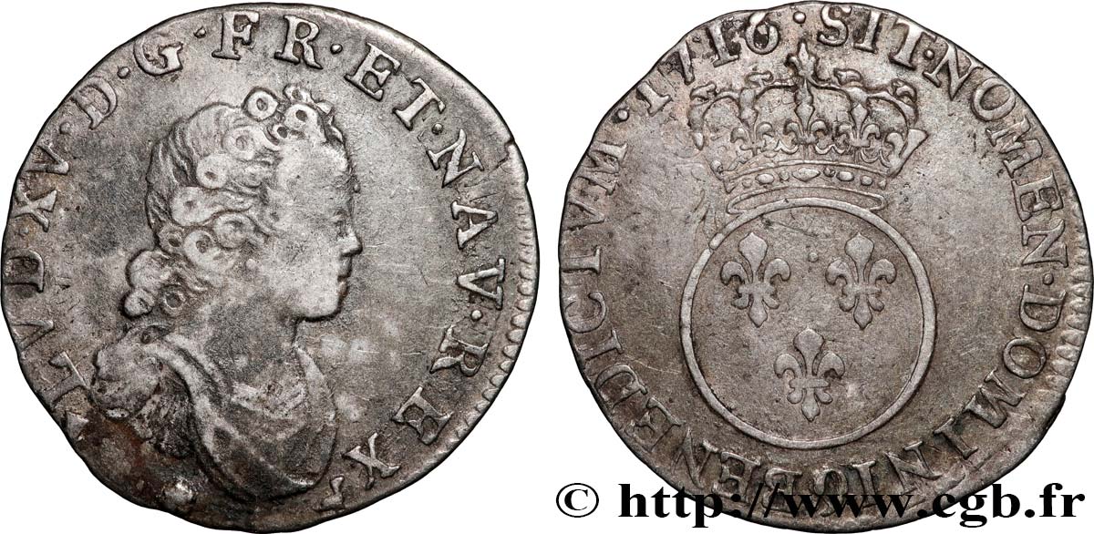LOUIS XV THE BELOVED Dixième d écu dit  vertugadin  1716 Rennes VF/XF