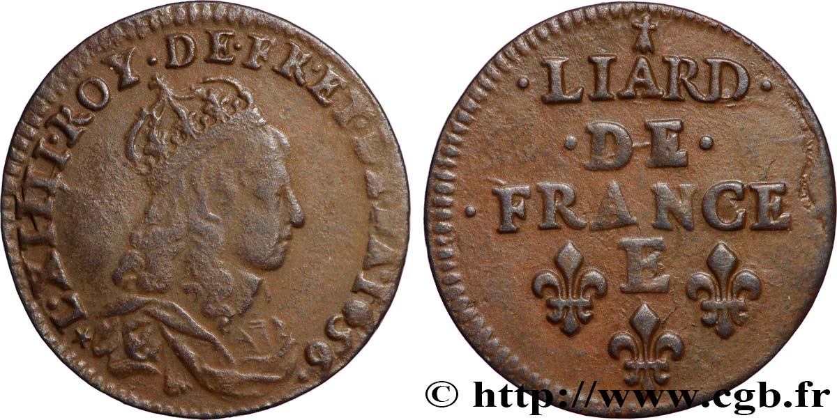 LOUIS XIV  THE SUN KING  Liard de cuivre, 2e type 1656 Meung-sur-Loire XF