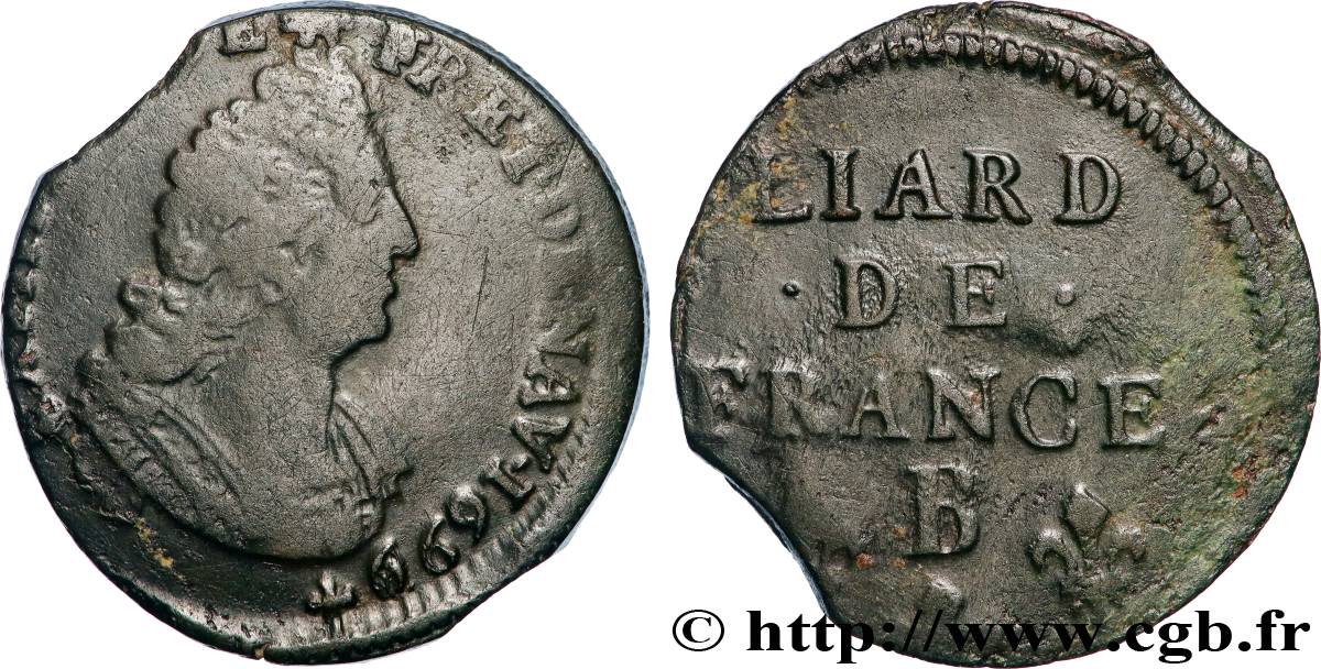LOUIS XIV  THE SUN KING  Liard, 3e type, buste âgé 1699 Rouen VF
