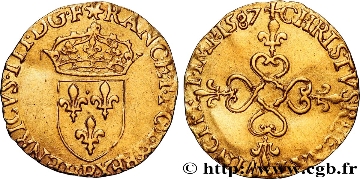 HENRI III Écu d or au soleil, 3e type 1587 Rouen TTB