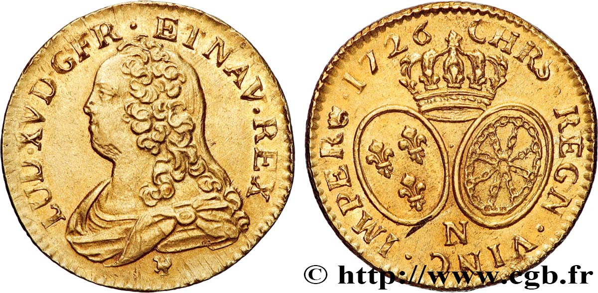 LOUIS XV  THE WELL-BELOVED  Louis d or aux écus ovales, buste habillé 1726 Montpellier AU