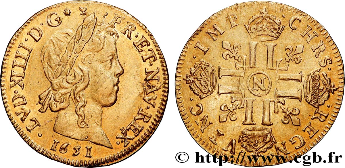 LOUIS XIV  THE SUN KING  Louis d’or aux huit L, portrait à la mèche longue 1651 Montpellier AU