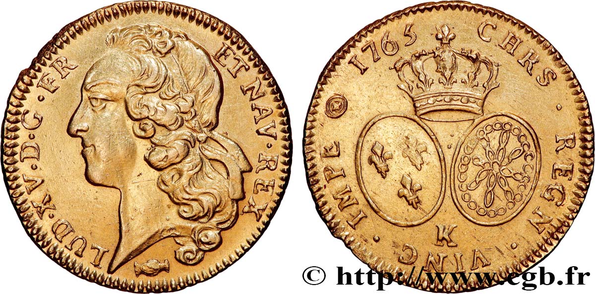 LOUIS XV  THE WELL-BELOVED  Double louis d’or aux écus ovales, tête ceinte d’un bandeau 1765 Bordeaux AU/XF