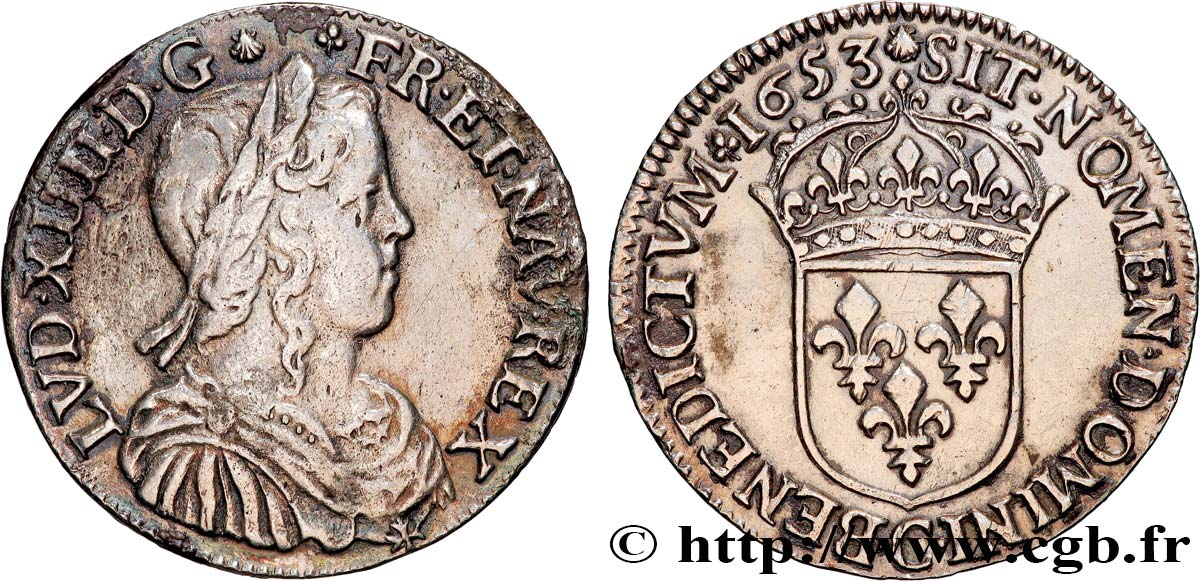LOUIS XIV LE GRAND OU LE ROI SOLEIL Demi-écu, portrait à la mèche longue 1653 Saint-Lô TTB/TTB+