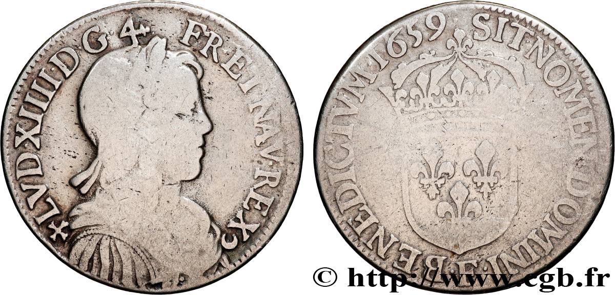 LOUIS XIV LE GRAND OU LE ROI SOLEIL Demi-écu, portrait à la mèche longue 1659 Angers B+