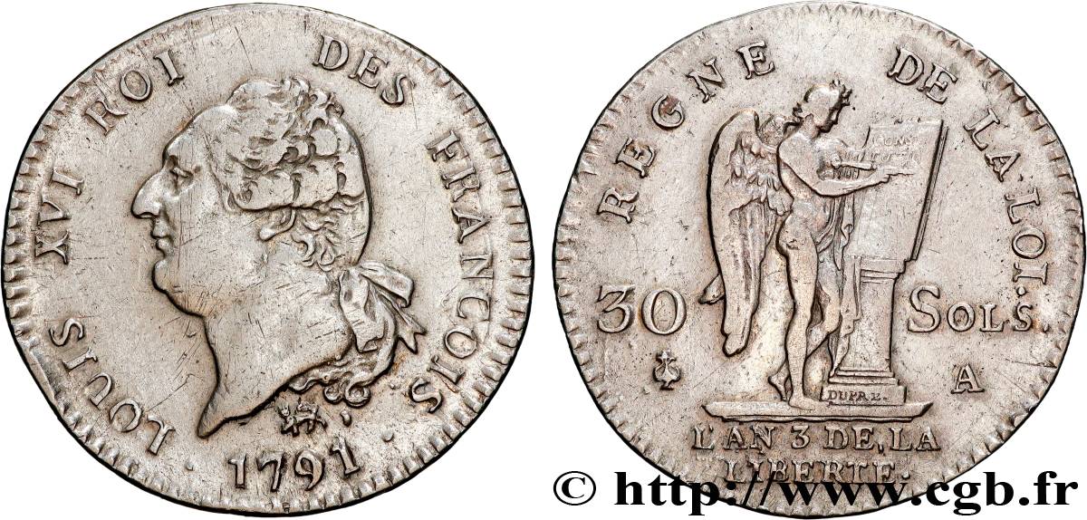 LOUIS XVI (MONARQUE CONSTITUTIONNEL)  30 sols dit  au génie , type FRANÇOIS 1791 Paris TTB