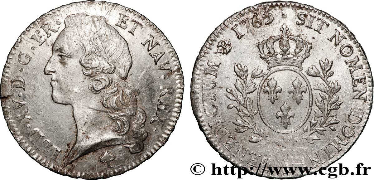 LOUIS XV DIT LE BIEN AIMÉ Écu aux branches d’olivier, tête ceinte d’un bandeau 1765 Paris TTB/TTB+