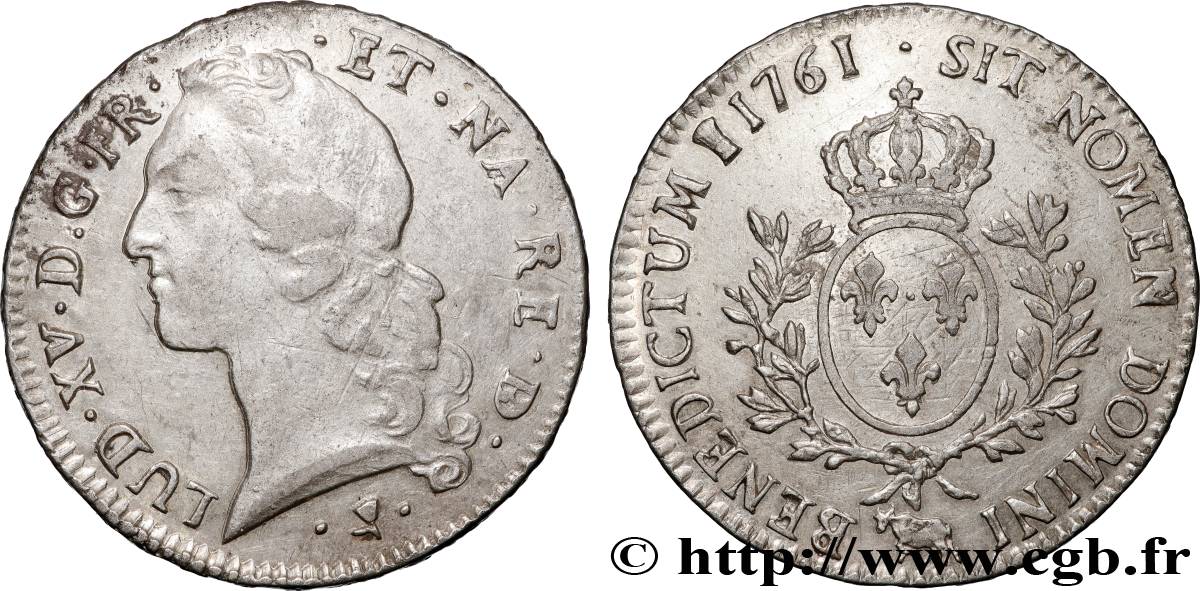LOUIS XV DIT LE BIEN AIMÉ Écu aux branches d’olivier, tête ceinte d’un bandeau 1761 Pau TTB