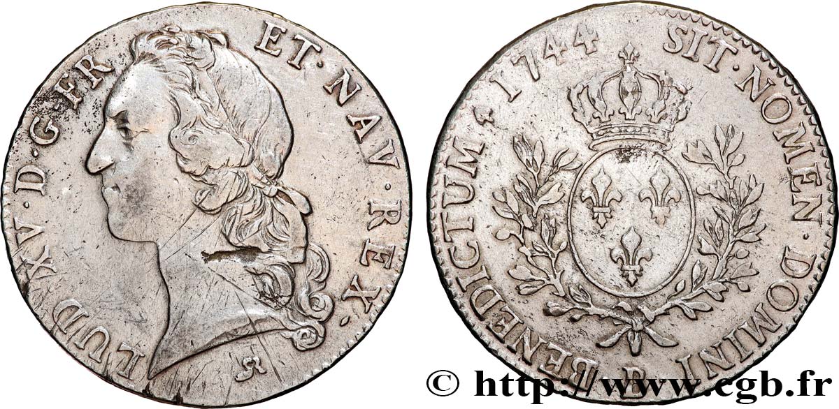 LOUIS XV DIT LE BIEN AIMÉ Écu aux branches d’olivier, tête ceinte d’un bandeau 1744 Rouen TTB