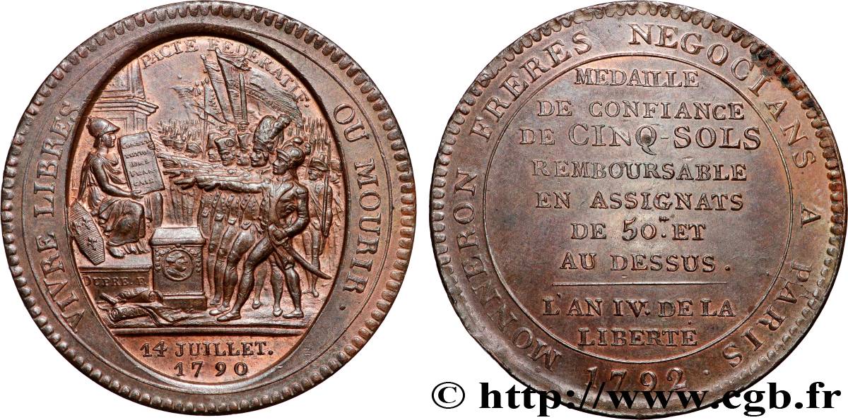 CONFIANCE (MONNAIES DE...) Monneron de 5 sols au serment (An IV), 3e type 1792 Birmingham, Soho SUP