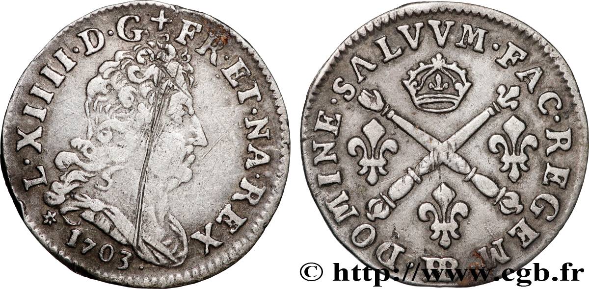 LOUIS XIV  THE SUN KING  Cinq sols aux insignes 1703 Strasbourg XF/AU
