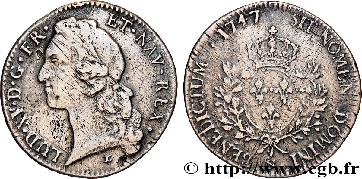 LOUIS XV DIT LE BIEN AIMÉ Écu aux branches d’olivier, tête ceinte d’un bandeau 1747 Aix-en-Provence TB/TB+