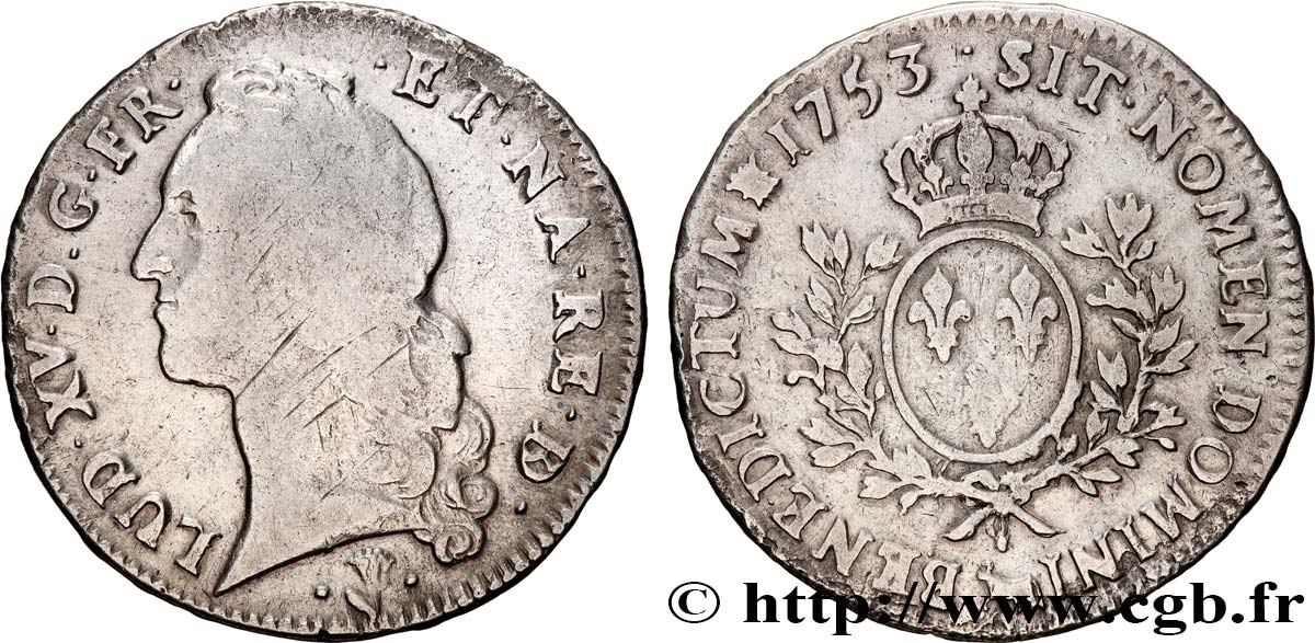 LOUIS XV DIT LE BIEN AIMÉ Écu aux branches d’olivier, tête ceinte d’un bandeau 1753 Pau TB/TTB
