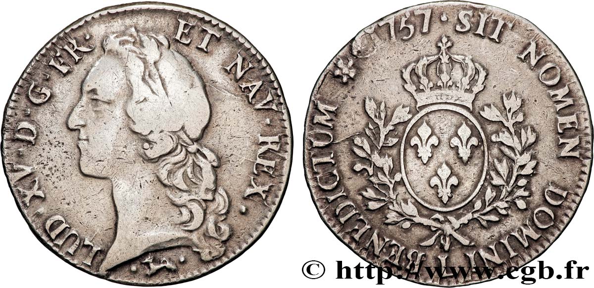 LOUIS XV DIT LE BIEN AIMÉ Écu aux branches d’olivier, tête ceinte d’un bandeau 1757 Bayonne TB+