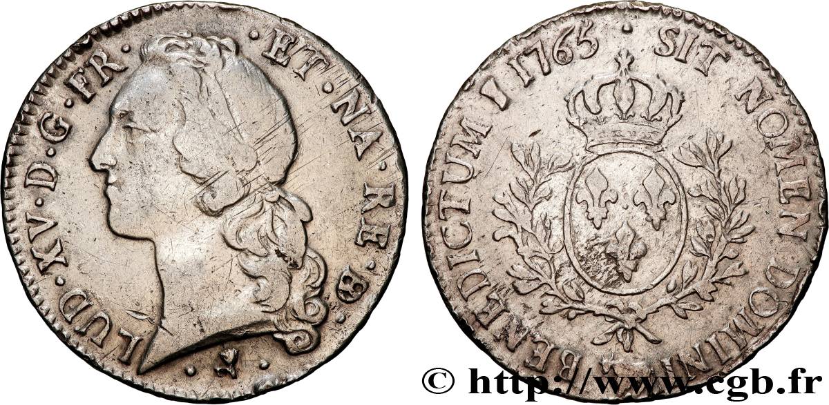 LOUIS XV DIT LE BIEN AIMÉ Écu aux branches d’olivier, tête ceinte d’un bandeau 1765 Pau TB+/TTB